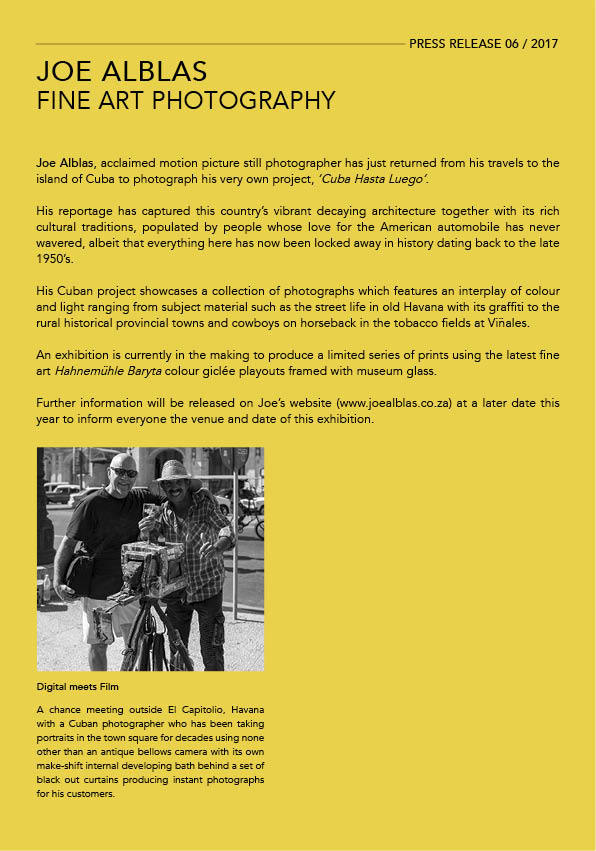 JOE ALBLAS FINE ART PHOTOGRAPHY ~ PRESS RELEASE